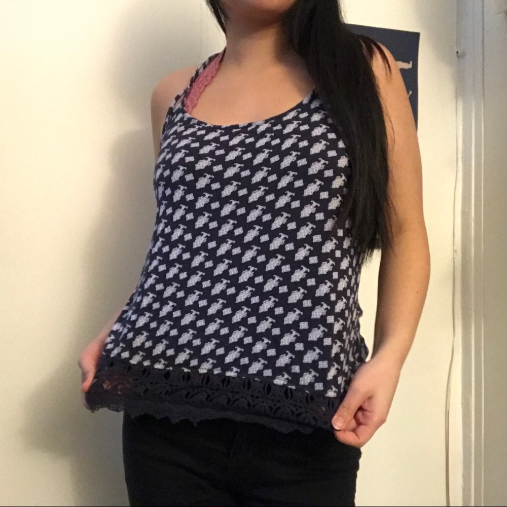 Flowy Floral Fruit Patterned Navy Blue Top